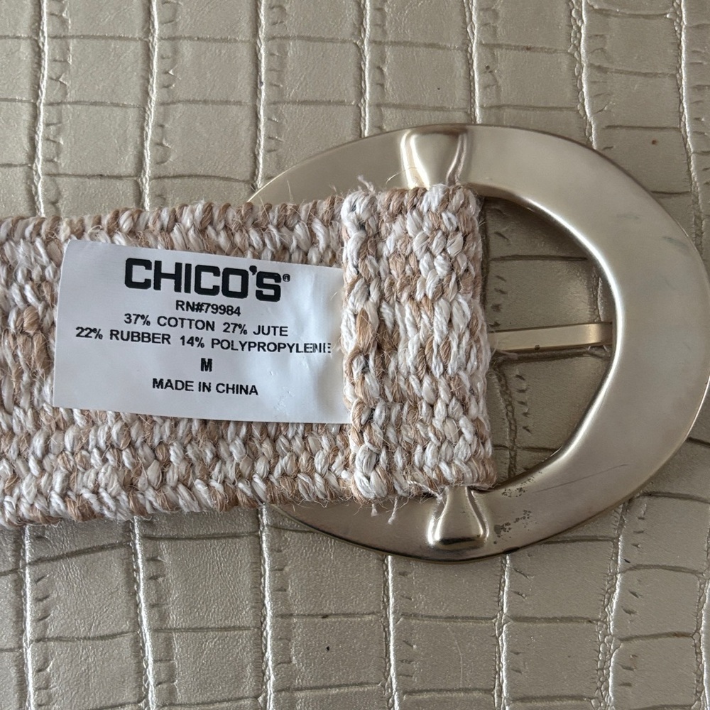 Chico's Tan Woven Belt with gold buckle